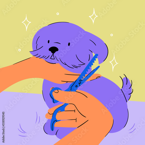 Grooming of a Dog. Cute puppy. Pet grooming salon, professional animal care concept. Dog trimmed with scissors. Cartoon style. Hand drawn trendy Vector illustration. Logo, print, poster template
