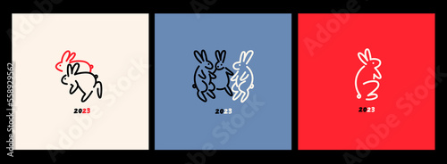 Various Bunnies. Dancing, standing, fighting, running rabbits. Hand drawn Vector illustration. Cute simple cartoon creatures. Icon, logo, print templates. Isolated elements. New year symbol