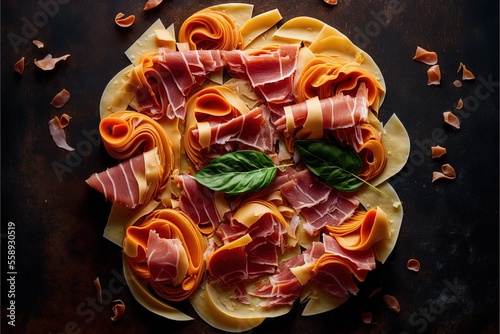 a plate of pasta with ham and cheese on it.