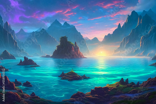 Mountains in bioluminescent ethereal waters  sunset.