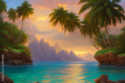 Ocean coast, beach, palm trees