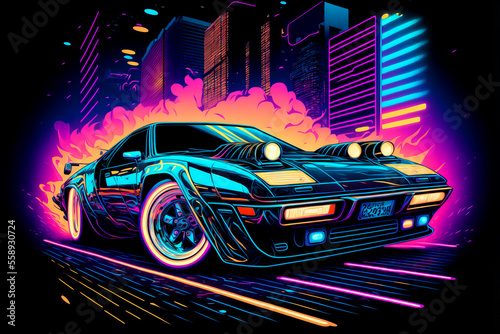 Future Retro Cartoon car with neon sign and lights. Colorful with dark background
generative ai