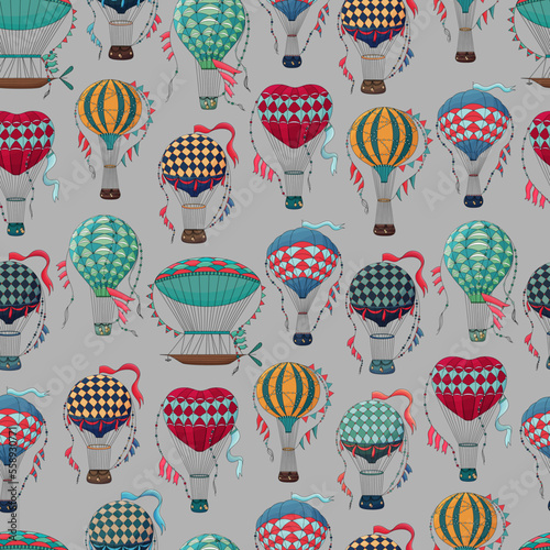 Vintage hot air balloon pattern. Different balloon aerostat print. Color air balloons texture. Large bag filled with hot gas and basket.
Flying transport. Hand drawn vintage style flight airship. Аir