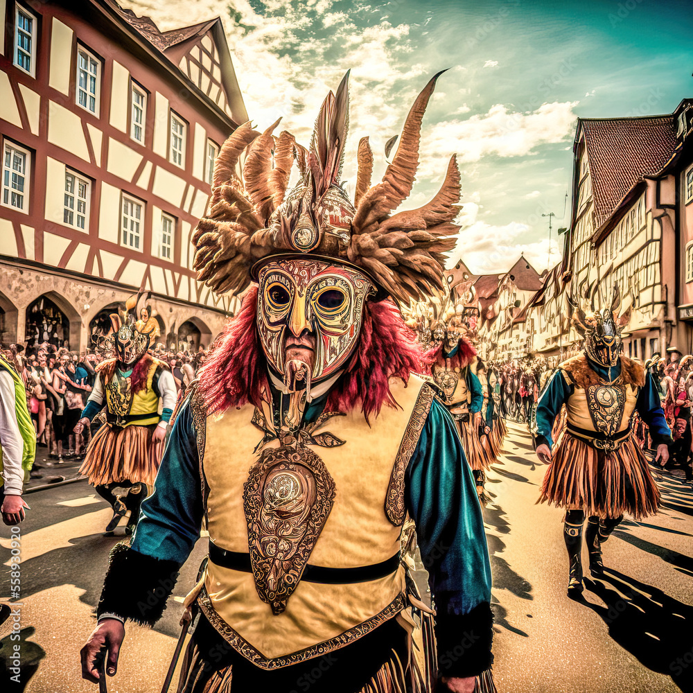 Obraz premium Fasching Karneval Masken und Umzüge Regionaler Karneval in Deutschland Generative AI Digital Art Background Hintergrund Cover Card Illustration