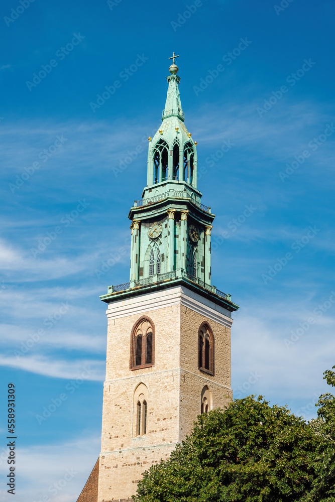 Top of the clock tower of the medieval Marienkirche ( St. Mary's Church ) in Berlin, Germany. Top of the clock tower of the medieval Marienkirche ( St. Mary's Church ) in Berlin, Germany.