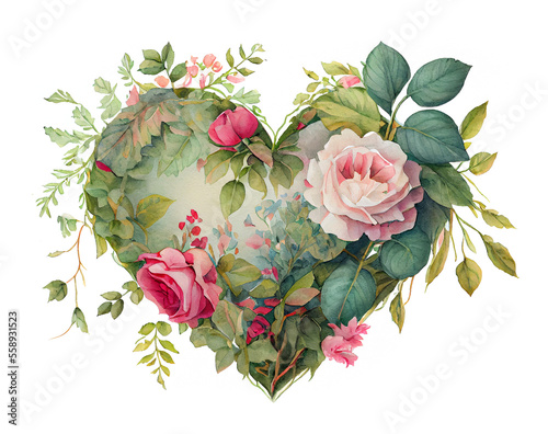 Romantic heart vignette made of vintage flowers and leaves of roses in gentle retro style watercolor painting generative AI art	