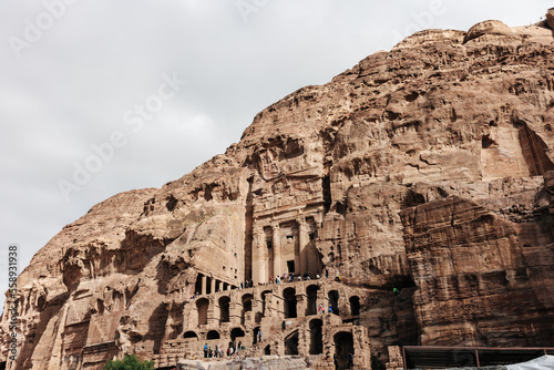 Stone tombs carved into the mountain in the ancient city of Petra in Jordan