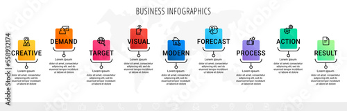 Vector line infographics with 9 rectangles. Business concept graphic process template with nine steps and labels. Graphic timeline for step by step, app, website, chart, web, diagram, presentations