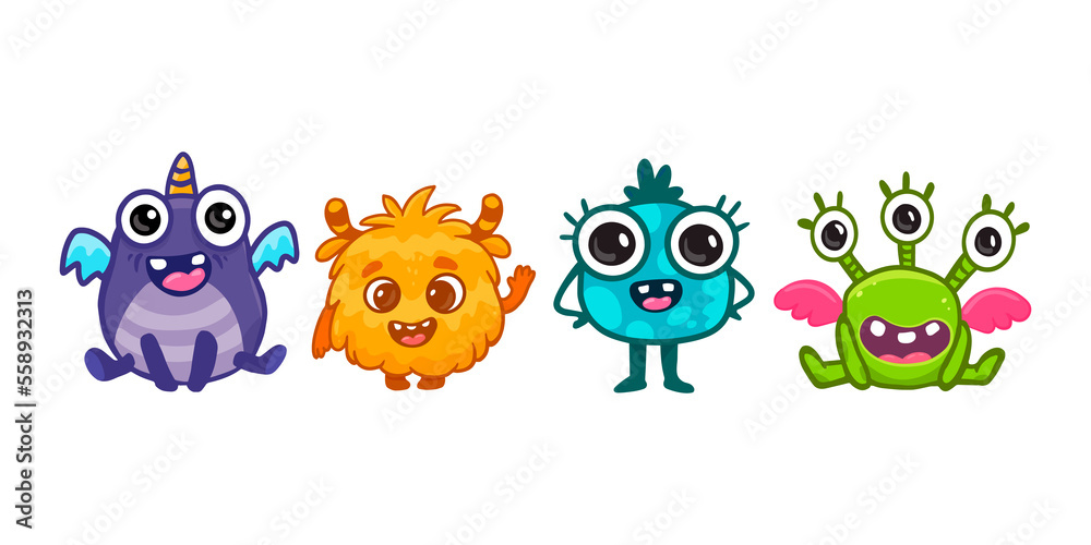 Set of cute cartoon monsters.Funny characters on white background.Icon monster.Alien.