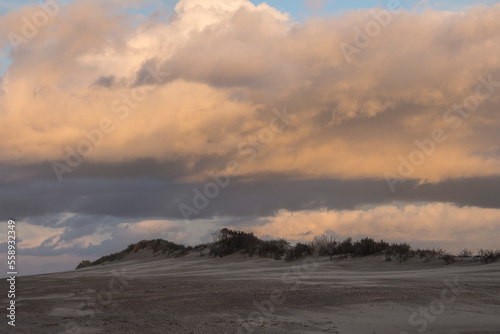 dark clouds over the sandy Northsea beach with dunes of the island of Goeree Overflakkee at sunset in winter