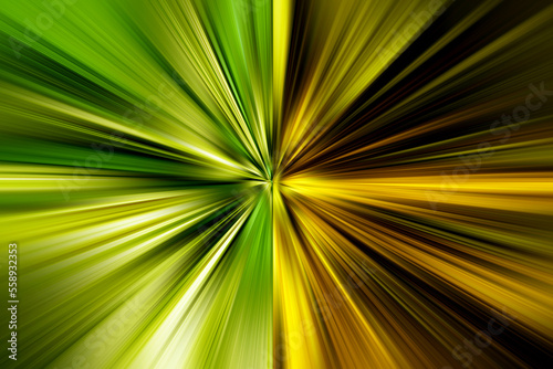 Abstract radial zoom blur surface in light green, yellow and brown tones. Warm two-color background with radial, radiating, converging lines.