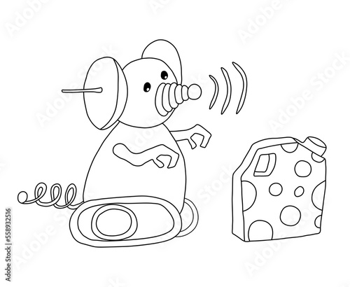 Outline of robot in the form of a mouse and a canister stylized as a cheese. Vector illustration on a white background
