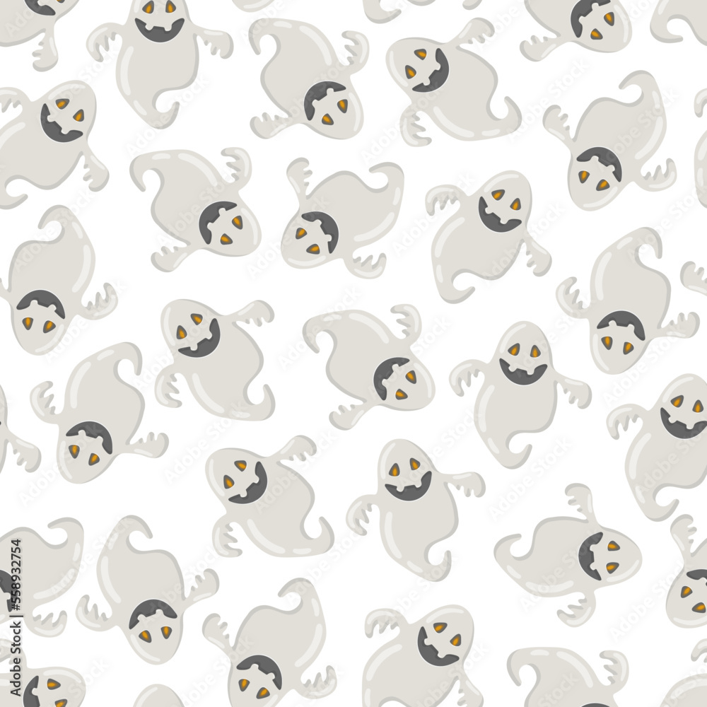 Fototapeta premium Funny happy ghost vector seamless pattern. Childish spooky boo background for kids. Magic scary spirit. Cartoon vector texture of comic phantom