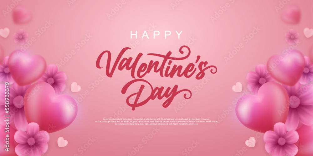 Realistic vector 3d hearts banner for valentines day with style lettering