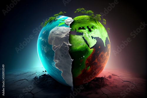 Cracked Earth VS Green Earth Concept. Global Warning. Generative AI