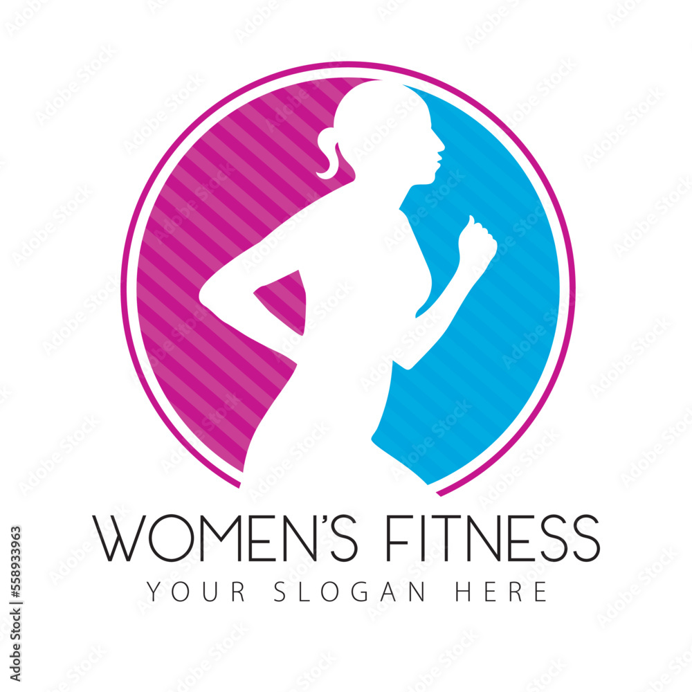 Profile view of a woman jogging. Women's fitness logo. Silhouette of a fit woman running side view. Fitness icon in pink and blue