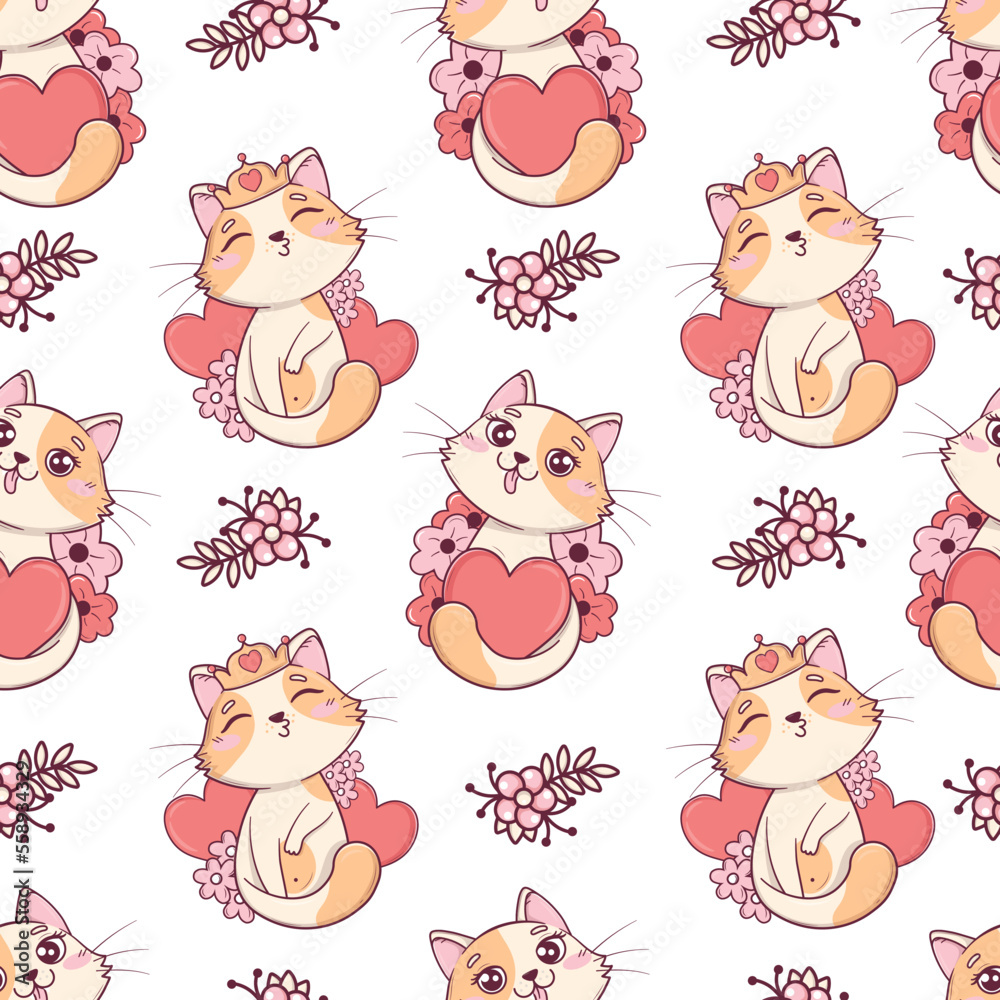 Seamless pattern with kawaii cute valentine cats with hearts and flowers for valentine's day Seamless pattern with kawaii cute valentine cats with hearts and flowers for valentine's day