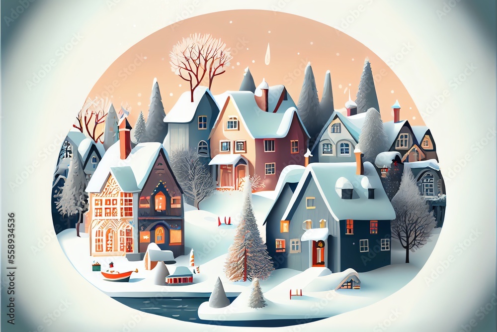 Illustration of Christmas village. Cute European Houses. Happy new year. Winter landscape. Generative AI