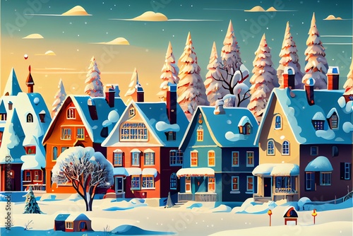 Illustration of Christmas village. Cute European Houses. Happy new year. Winter landscape. Generative AI © Pixel Matrix