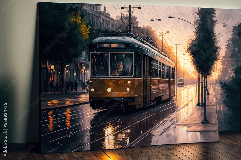 a painting of a train on a city street at sunset with a person walking on the sidewalk near it and a lamp post in the foreground with a street light on the side of the picture is a rainy day.