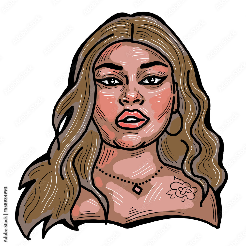 Beautiful young black woman smiling with white teeth. Model girl for beauty salon, hairdressing, cosmetic shop. Girl with long dark hair and big eyes. Hand drawn illustration. Cartoon style drawing. Beautiful young black woman smiling with white teeth. Model girl for beauty salon, hairdressing, cosmetic shop. Girl with long dark hair and big eyes. Hand drawn illustration. Cartoon style drawing.