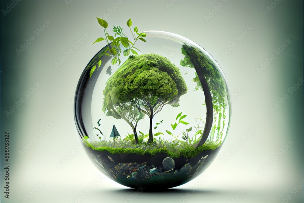 World environment and earth day concept with glass globe and eco friendly enviroment. Generative AI World environment and earth day concept with glass globe and eco friendly enviroment. Generative AI