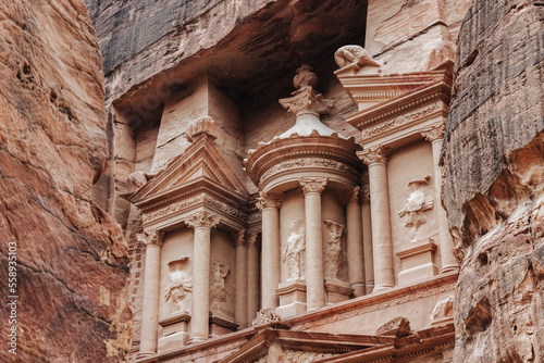 The Treasury tomb carved in stone, at the famous archaeological site Petra in Jordan.