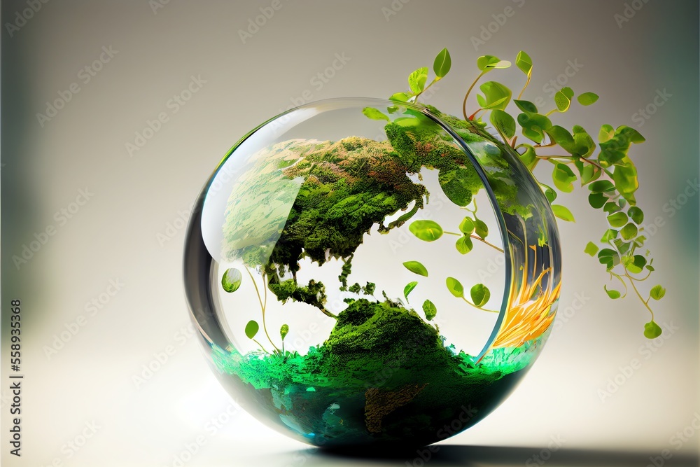 World environment and earth day concept with glass globe and eco friendly enviroment. Generative AI World environment and earth day concept with glass globe and eco friendly enviroment. Generative AI