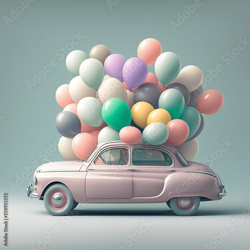Car with pastel balloons created with AI