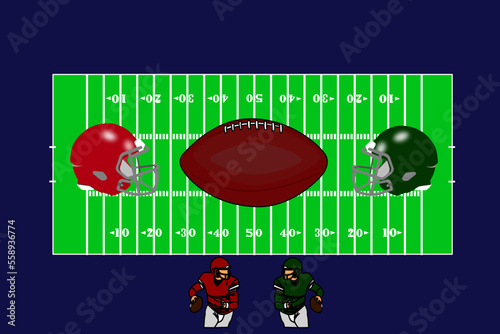 Graphic illustration of American Football players with field and ball. Sports concept