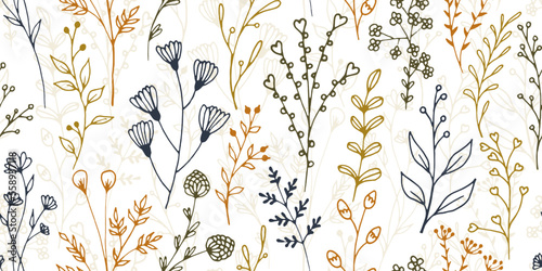 Field flower twigs natural vector seamless background. Minimalist herbal graphic design. Meadow plants foliage and blossom wallpaper. Field flower sprouts spring repeating background