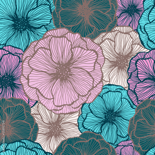 Poppy flower doodle  floral vector seamless pattern summer  fabric print desi...