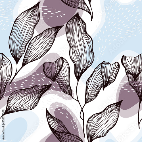 Sketch style doodle line texture leaves over stains and dots seamless vector ...