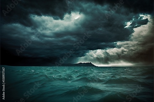 a dark sky with a large amount of clouds over a body of water with a small island in the distance in the middle of the ocean with a dark sky with a few clouds and a few dark clouds above it.
