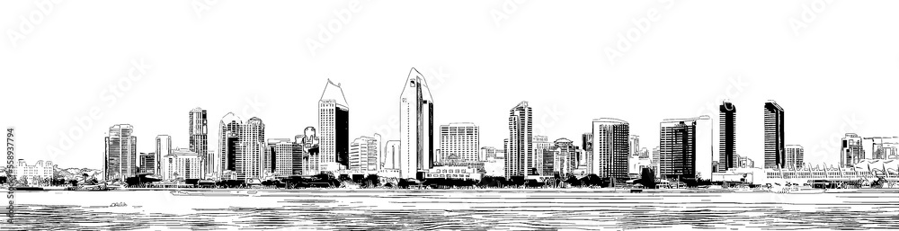 San Diego waterfront skyline, California, Usa, ink sketch illustration. - obrazy, fototapety, plakaty 