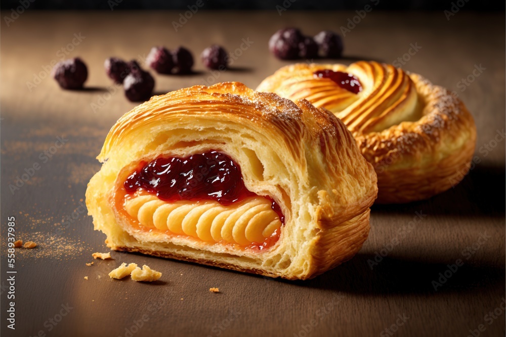 a pastry with jelly inside of it on a table with other pastries around it on a table top with a few other items around it and a few other items around it.