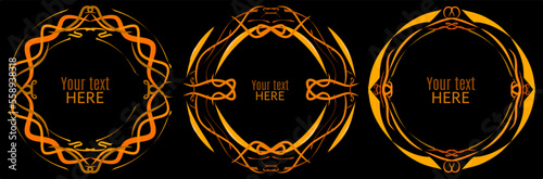 Set of hand painted vector circle gold frame borders. Abstract round design element on black background