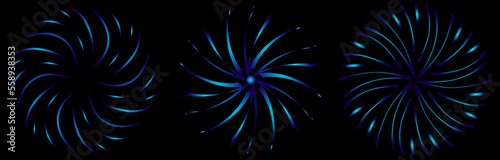 Vector set of gradient star shape frame in blue color on black background. Firework, snowflake
