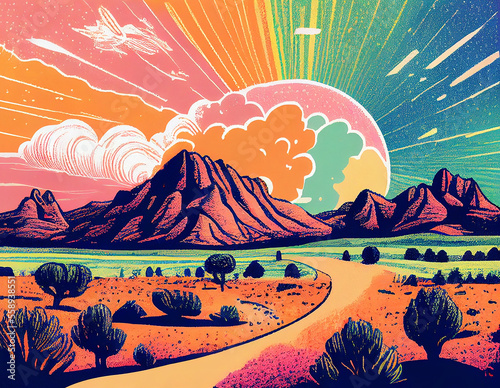 Fantasy colorful landscape with desert and mountains created with generative Ai techonology