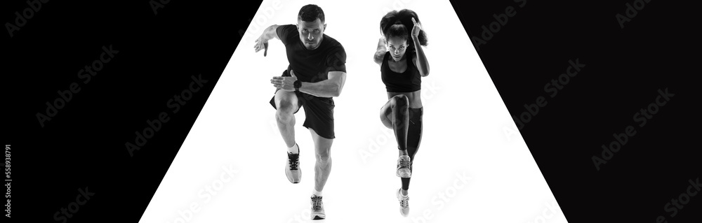 Sportive people, athletes, man and woman, running over white and black background. Faster. Banner, flyer Sportive people, athletes, man and woman, running over white and black background. Faster. Banner, flyer