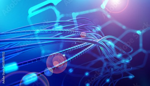 Bright signals transmit data quickly. Bundles of abstract fiber optic wires in neon light. Technology of high-speed Internet connection. Cyber concept 3d illustration