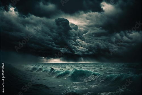 a storm is coming over the ocean with a boat in the water below it and a dark sky with clouds above it and a boat in the water below it.