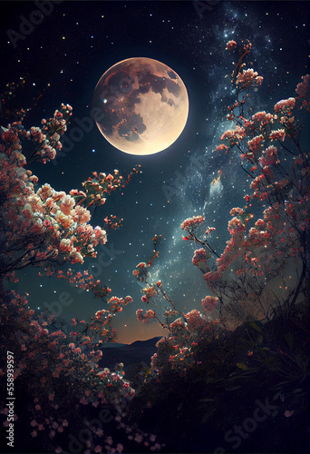 Blossoming Apple Tree at Night During Full Moon. Generative ai