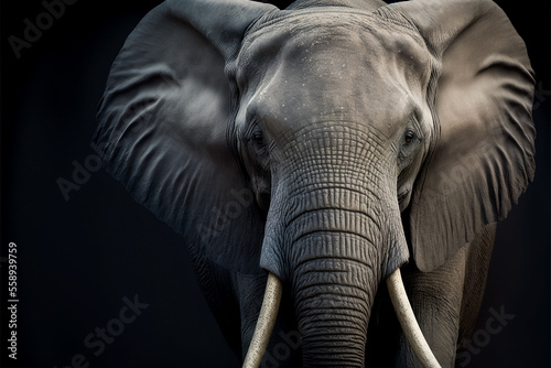 A close up portrait of an African Elephant, isolated on black