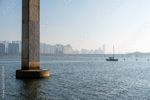 Photography Han river and Seoul cityscape in winter in South Korea