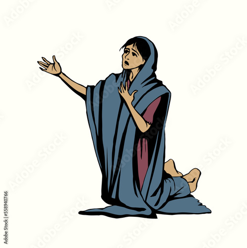 A starving woman asks for help. Vector drawing
