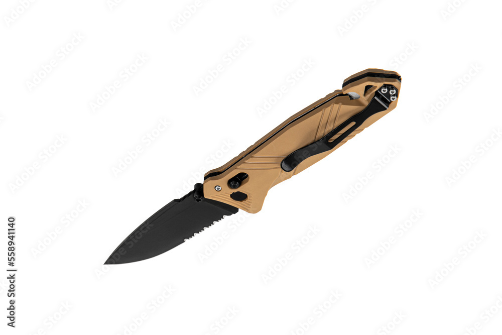 Pocket folding knife with sling cutter and cullet. Compact metal sharp knife with a black folding blade. Isolate on a white back. Pocket folding knife with sling cutter and cullet. Compact metal sharp knife with a black folding blade. Isolate on a white back.