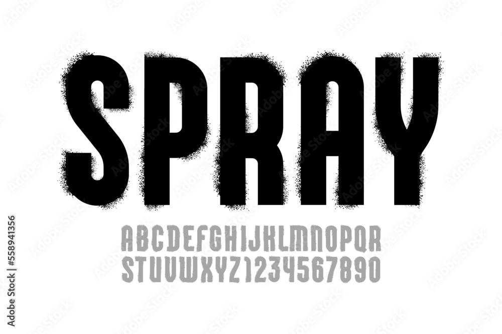 Font alphabet with spray paint texture, grunge grain textured letters and numbers Stock Vector