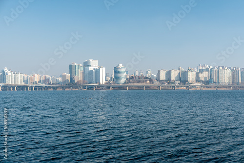 Photography Han river and Seoul cityscape in winter in South Korea
