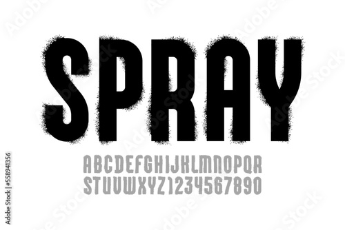 Font alphabet with spray paint texture, grunge grain textured letters and numbers